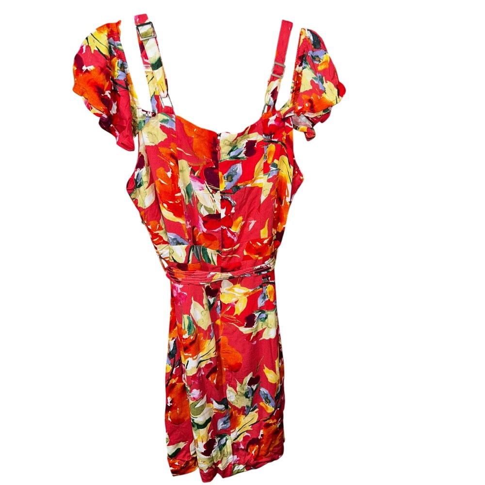 Guess Womens Floral Cold Shoulder Dress Red Multi Color A-Line Large - Picture 2 of 7